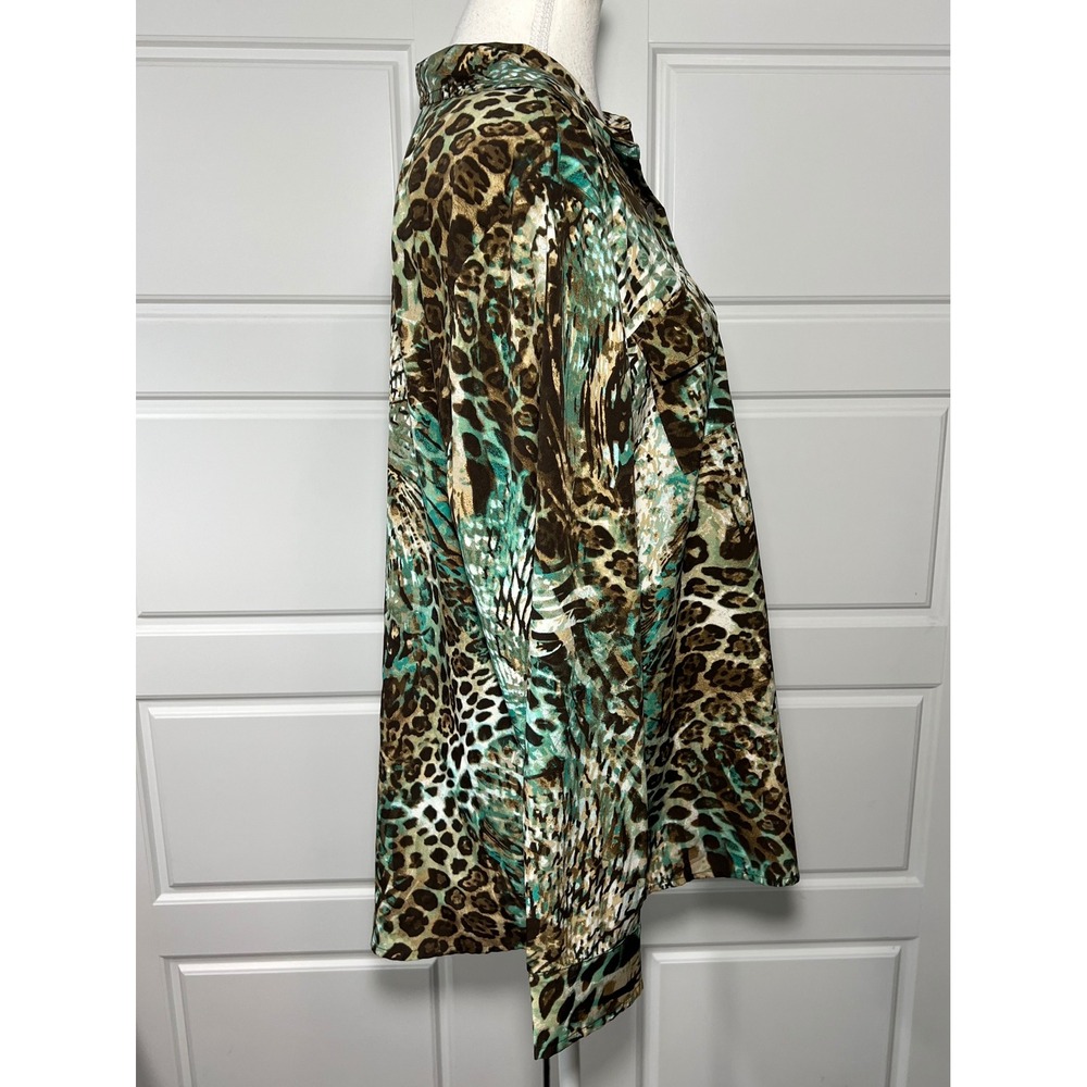 Chicos 2 Brown Animal Green Fern Safari Button Down Shirt Long Sleeve Top LG 10 - Picture 5 of 7
